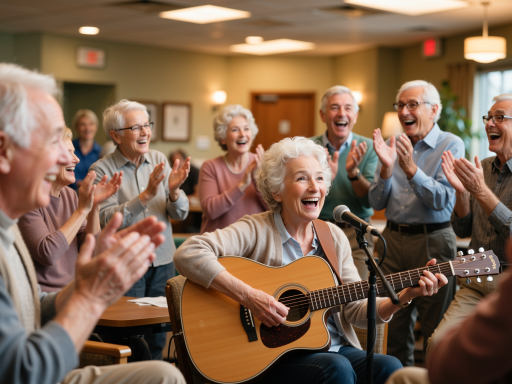 社区合唱团表演现场，多位中老年女性穿着统一服装在舞台演唱，背景有装饰灯光，台下观众鼓掌