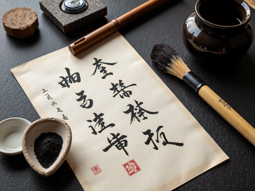 书法班教学场景，一位老师正在指导学员写字，桌上有笔墨纸砚，背景有书法作品