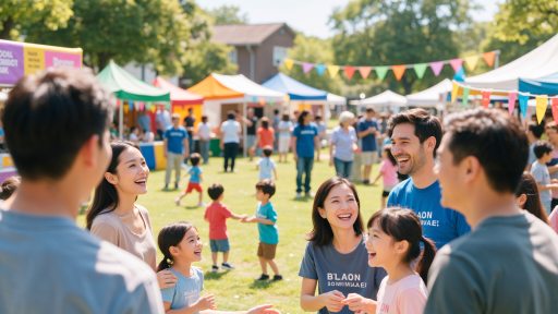 社区活动场景，多位居民参与集体活动，背景有横幅标语，阳光明媚
