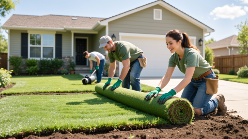 社区环境整治活动现场，工作人员清理绿化带，背景有绿植和健身器材